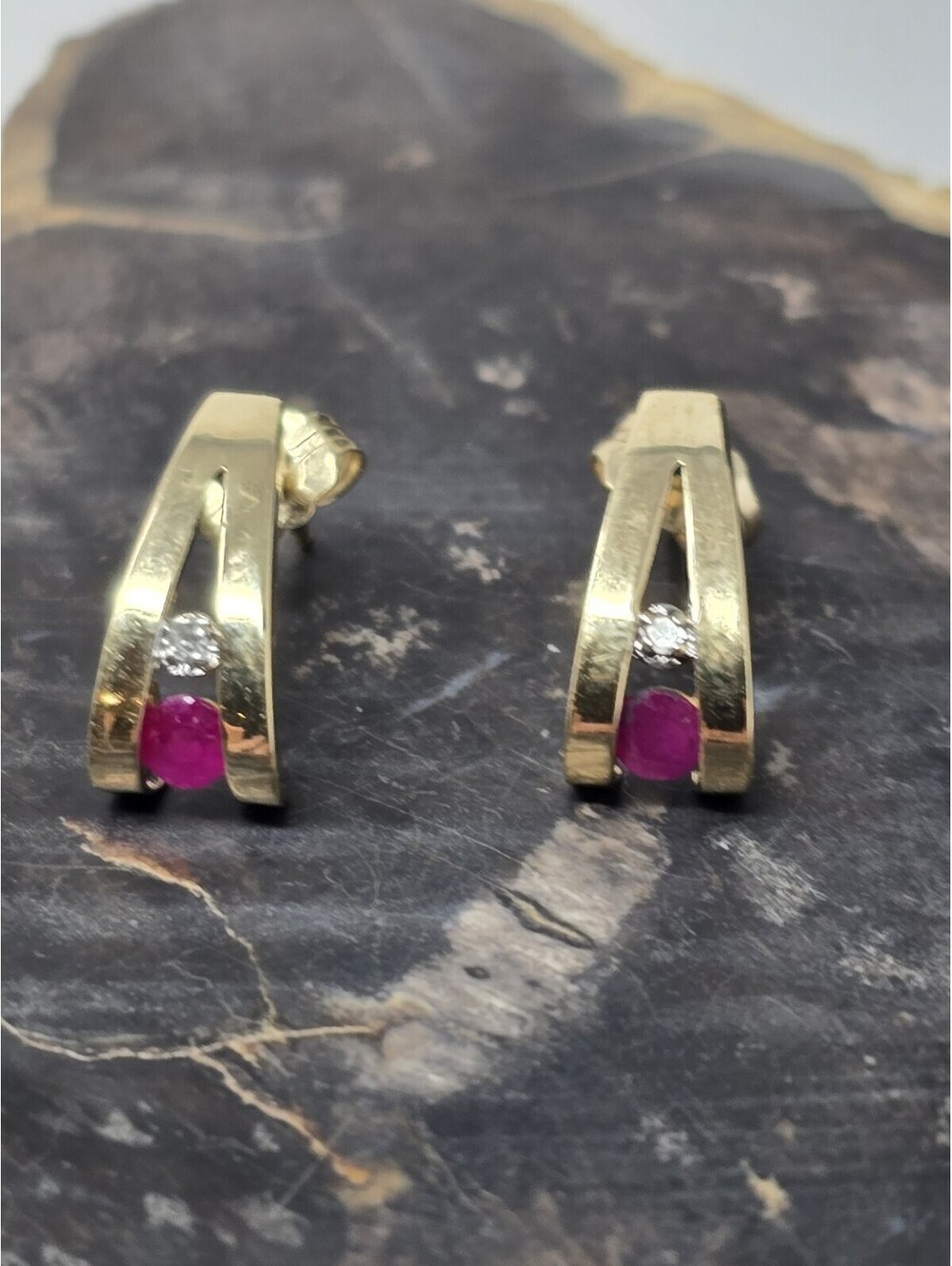14k Gold Natural Ruby Diamond Earrings Channel Set J Hoop
